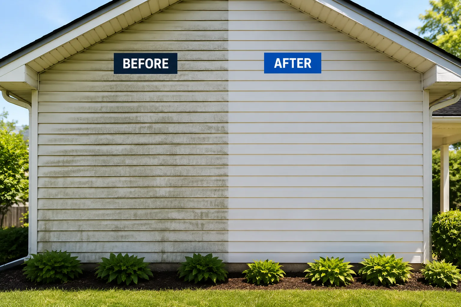 Calgary home exterior with garage and clean driveway after the wash