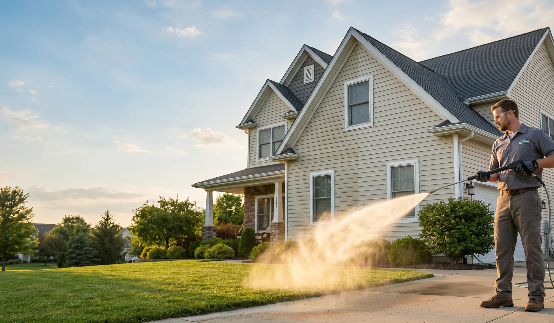 Soft-wash technician cleaning a two-storey home exterior at golden hour in a Calgary neighbourhood