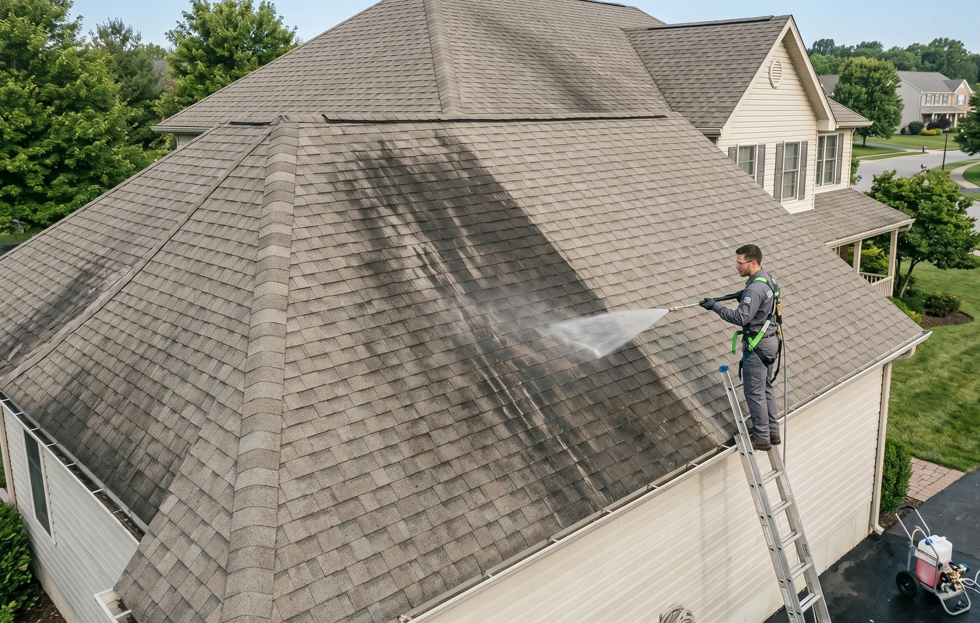 Calgary chimney being cleaned with ARMA-compliant no-walk method from extension wand