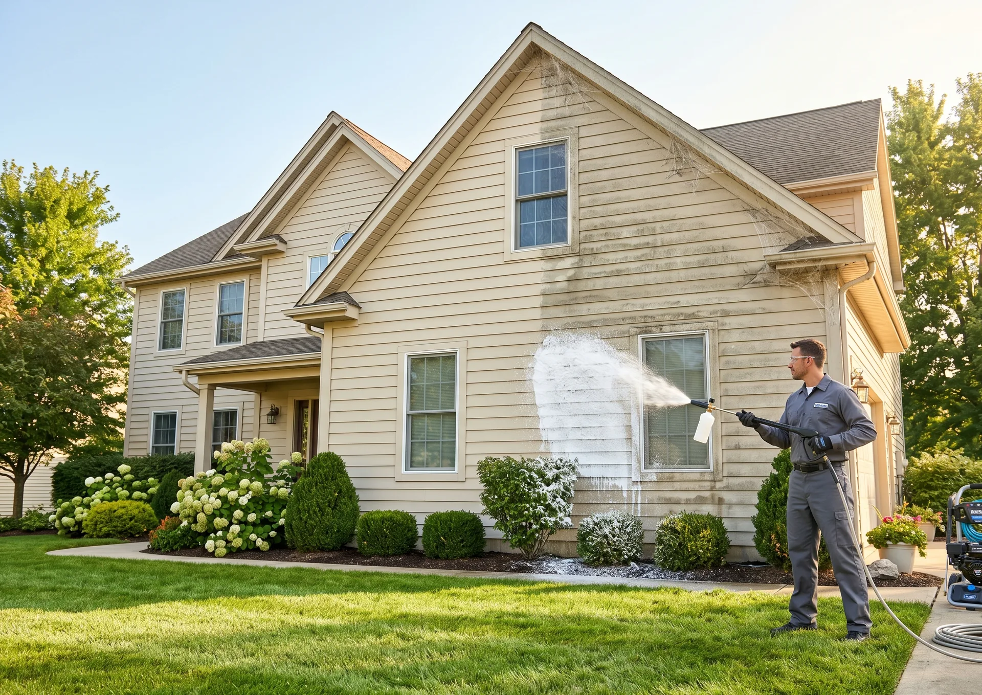 Calgary Pressure Washing Calgary crew completing stucco soft-wash with bottom-up rinse
