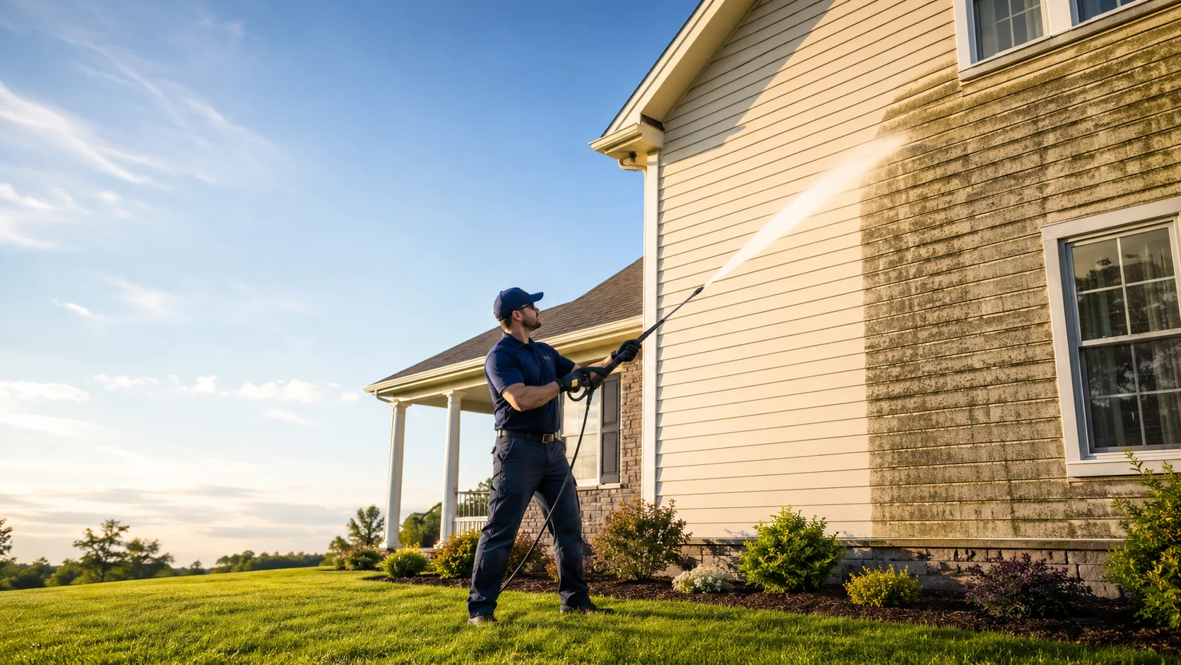 Calgary technician soft-washing the upper storey of a vinyl-siding home with a low-pressure surfactant rig