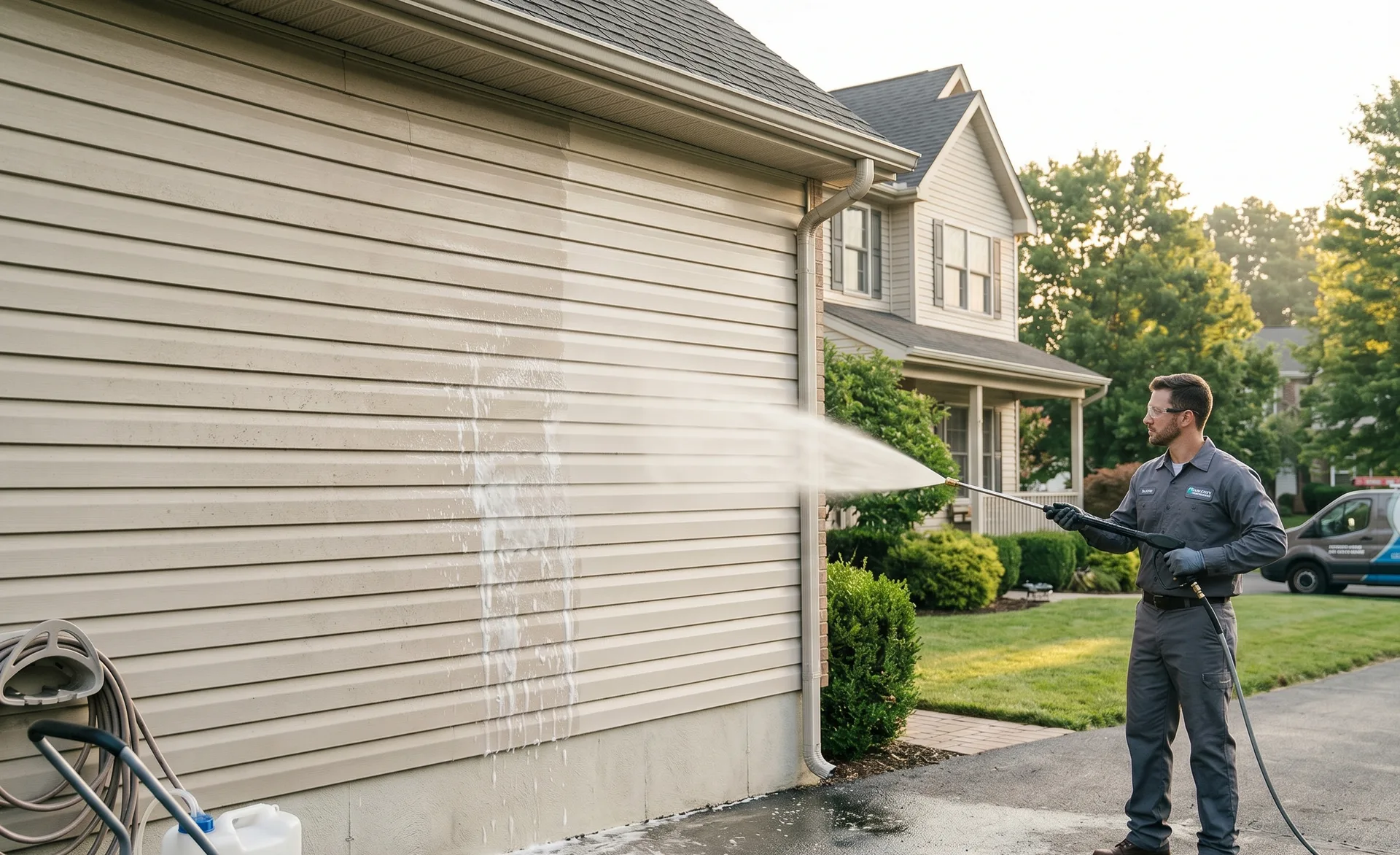 Close-up of soft-wash chemistry being applied to delicate vinyl siding in Calgary